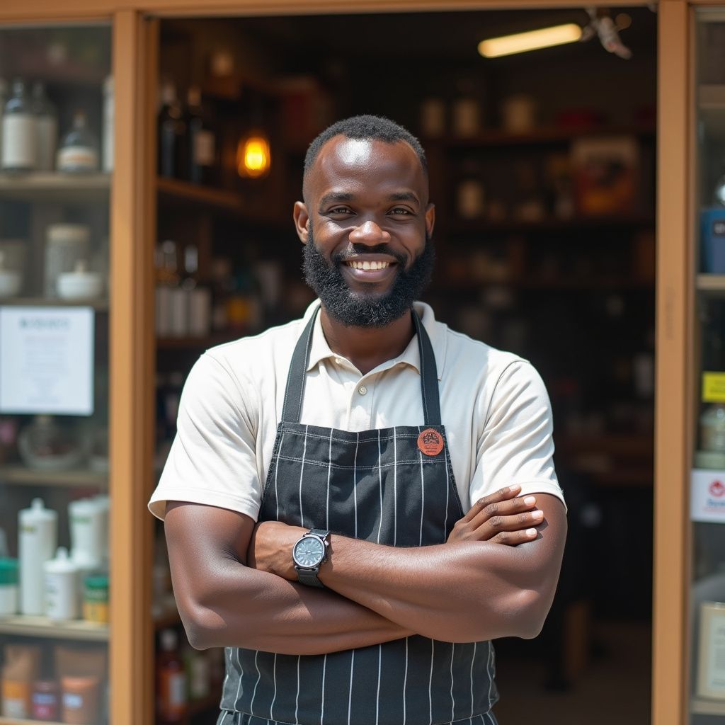 A Black man with a beard, wearing an apron, stands with arms crossed in front of a store entrance; smiles.