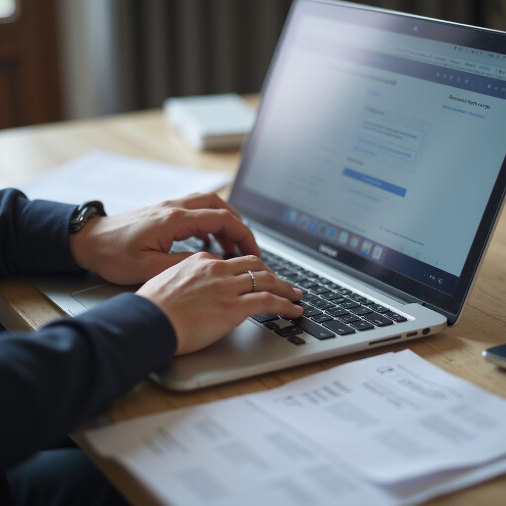 Person typing on a laptop at a desk with papers.