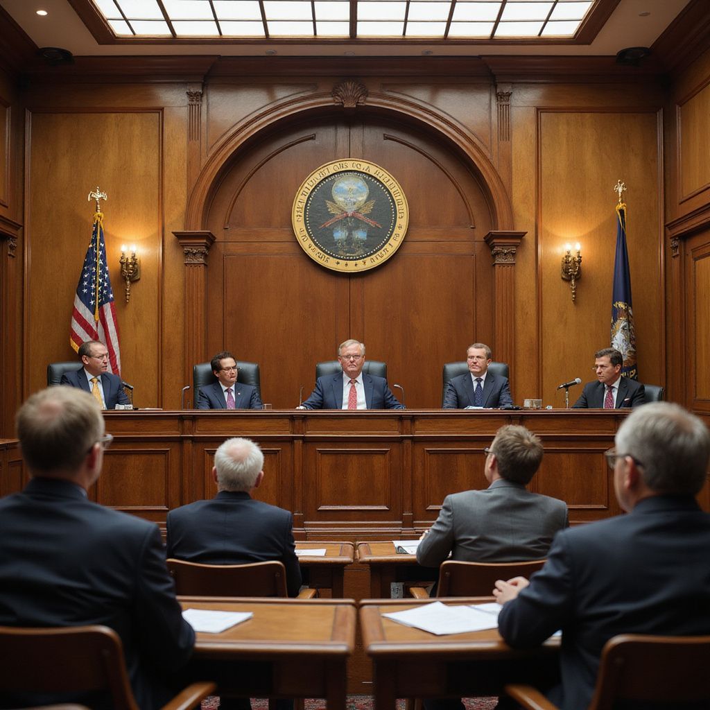 A courtroom: panel of men behind a long desk facing seated audience members.