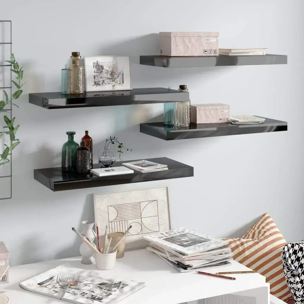 Minimalist floating shelves in a modern home, used for storage and decor.