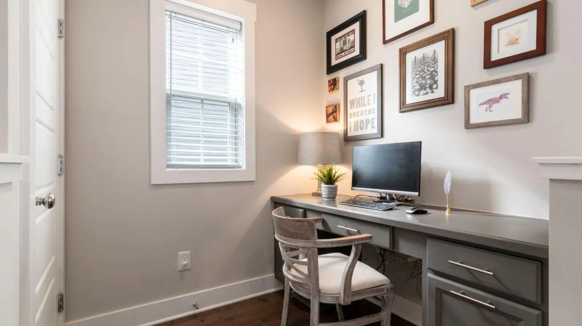 Modern home office with built-in storage and a framed-in design for functionality and style.