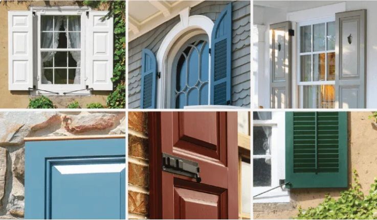 A collage of windows and doors with shutters in various colors, including white, blue, and green.
