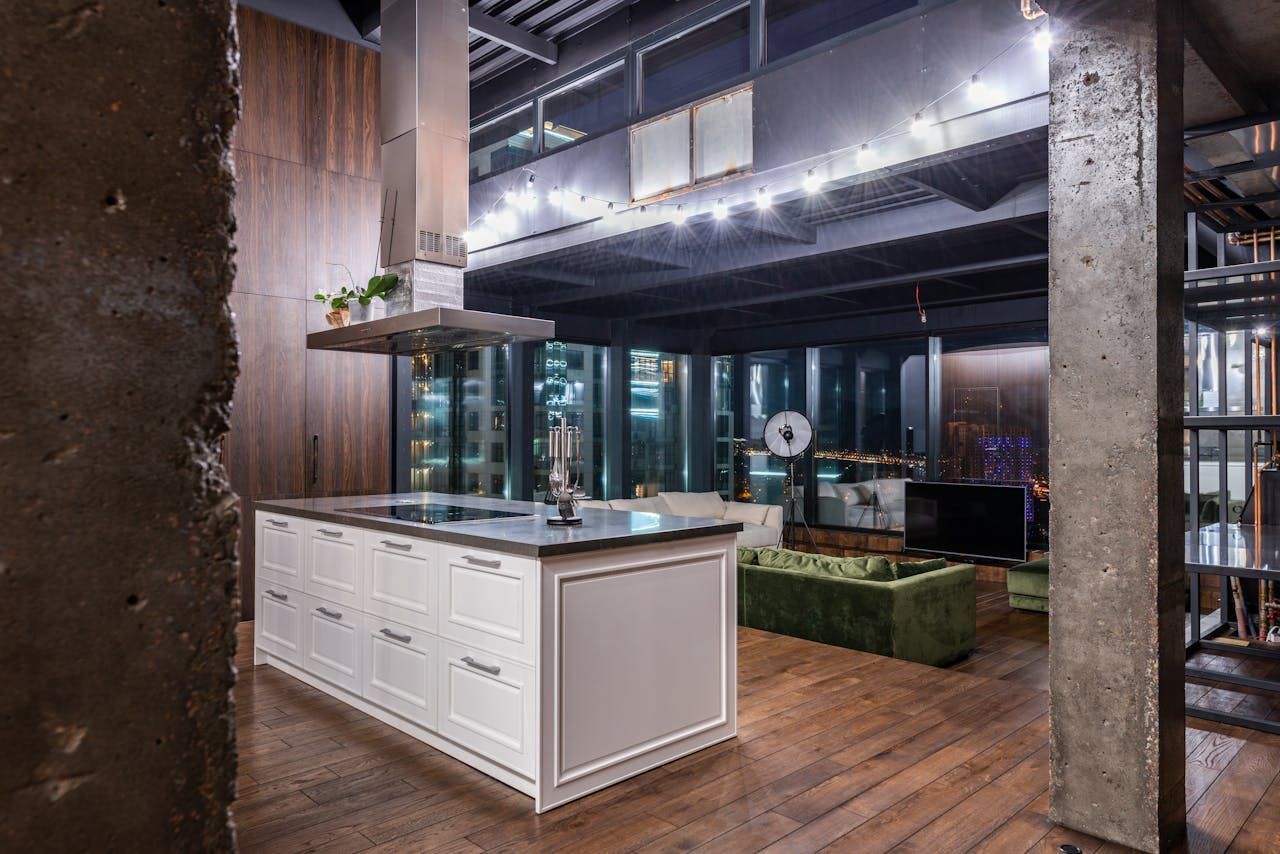 Modern customized kitchen island with stylish lighting and elegant finishes.