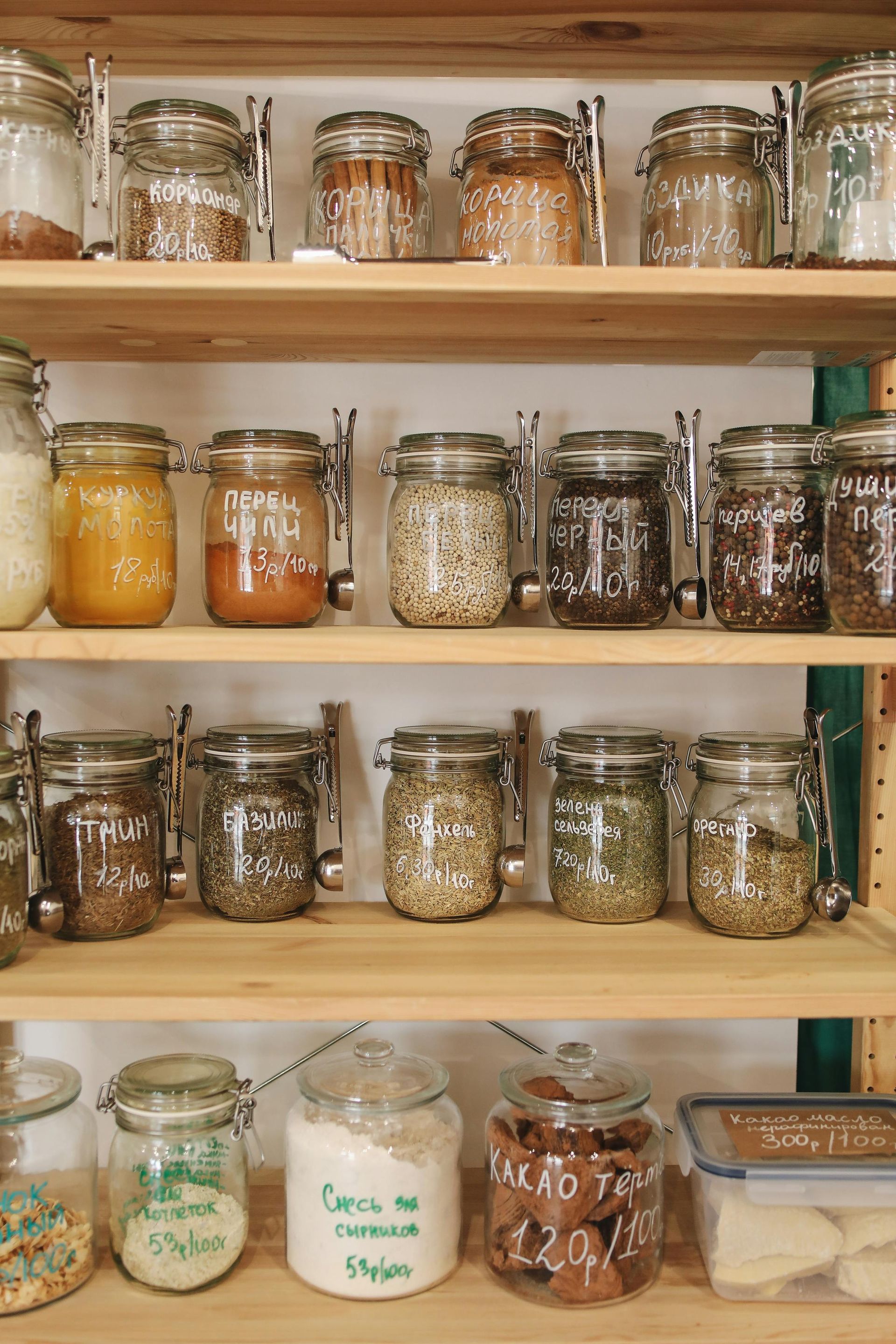 A pantry filled with jars of various foods and spices.