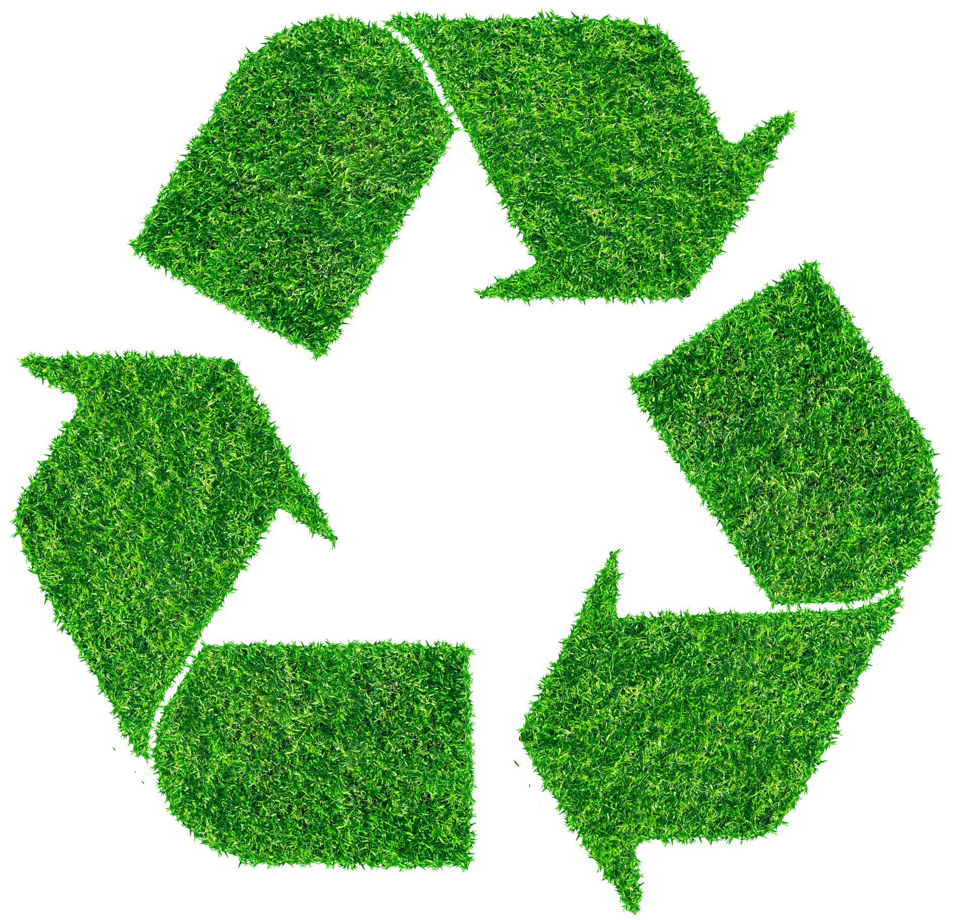 A recycling symbol made of grass on a white background