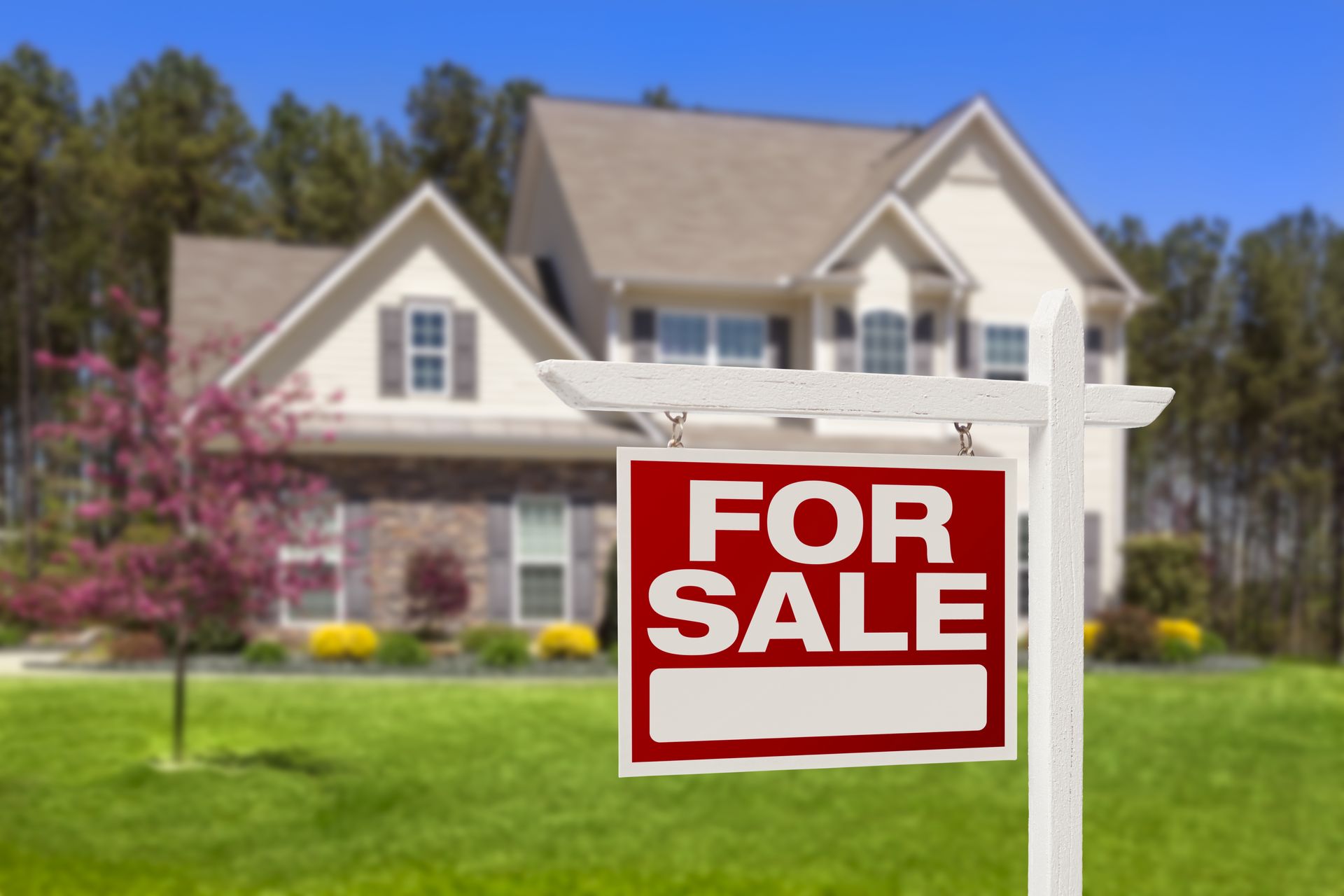 A house with a for sale sign in front of it