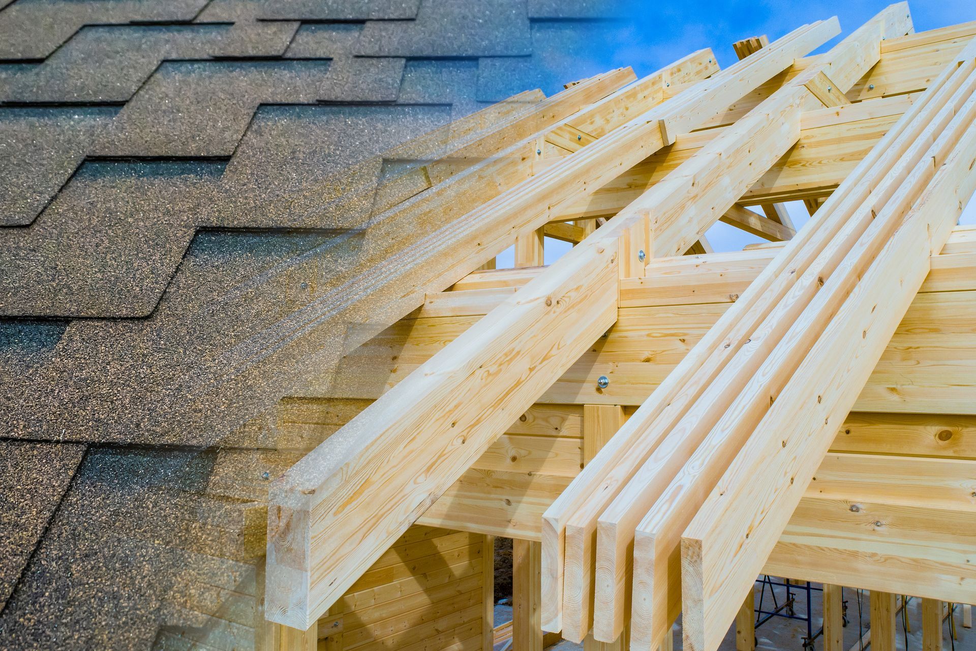 A picture of a roof and a picture of a wooden structure under construction.