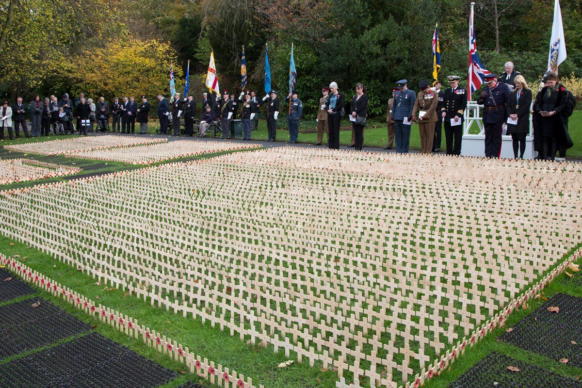 A group of people standing in front of a field of crosses.