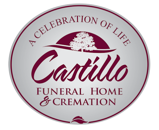 Logo for Castillo Funeral Home and Cremation. Maroon text and design on a gray and white background.