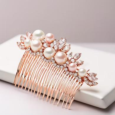 A rose gold hair comb with pearls and rhinestones