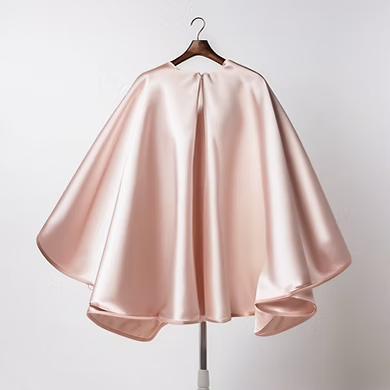 A pink cape is hanging on a wooden hanger