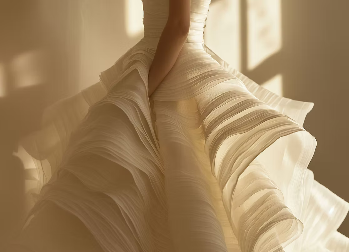 A woman in a white dress is standing in front of a window.