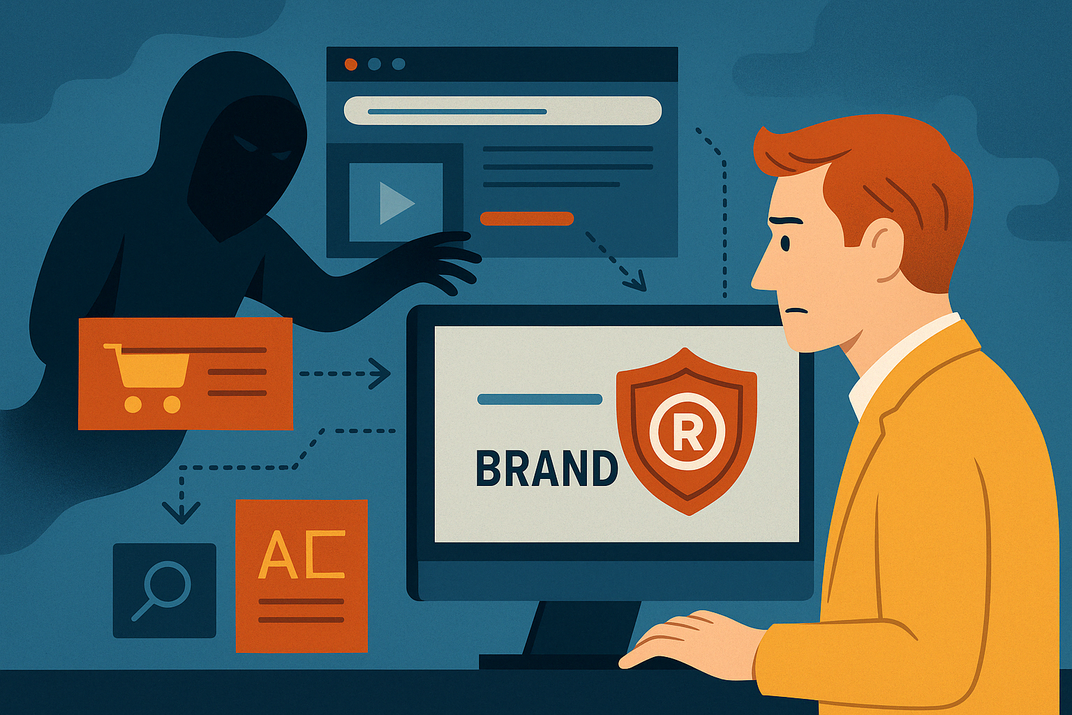 A concerned businessman in a yellow suit watches a computer screen displaying a registered trademark shield and the word “Brand.” On the left, a hooded figure reaches toward counterfeit icons representing e-commerce, search engines, and web content, symbolizing online brand hijacking and trademark infringement.