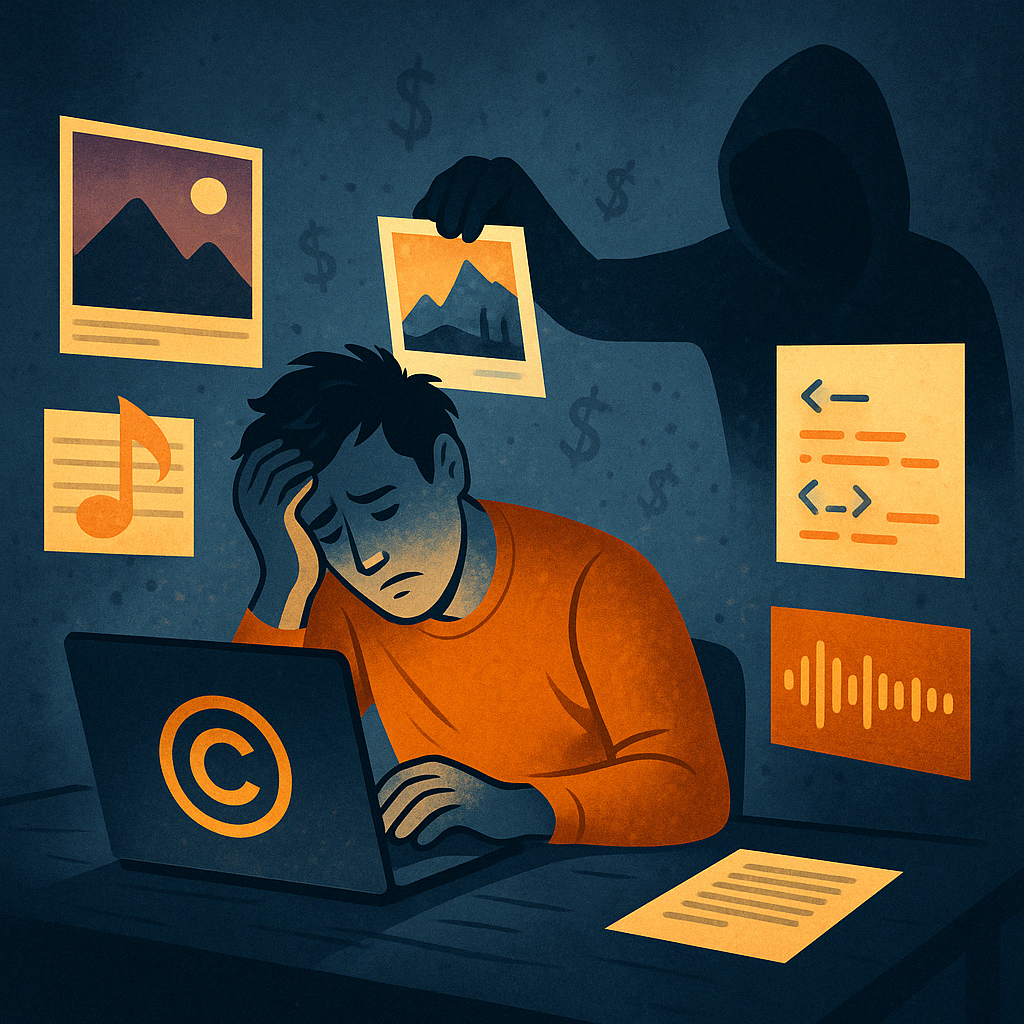 A frustrated artist sits at a desk with his head in his hand, surrounded by images of his creative work—photographs, music notes, code snippets, and audio waves. A hooded figure in the background secretly steals one of the images, symbolizing copyright infringement. Dollar signs fade into the dark blue background, representing financial loss and silent damage.