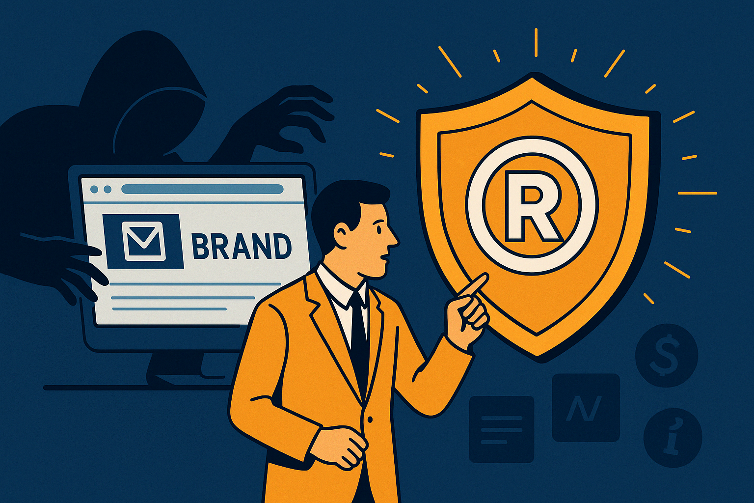 A confident businessman in a mustard-yellow suit points toward a glowing shield symbol featuring the registered trademark “R.” Behind him, a shadowy figure tries to access a computer displaying a competing brand logo, symbolizing copycat threats. The image emphasizes the power of trademark registration in protecting brand identity.