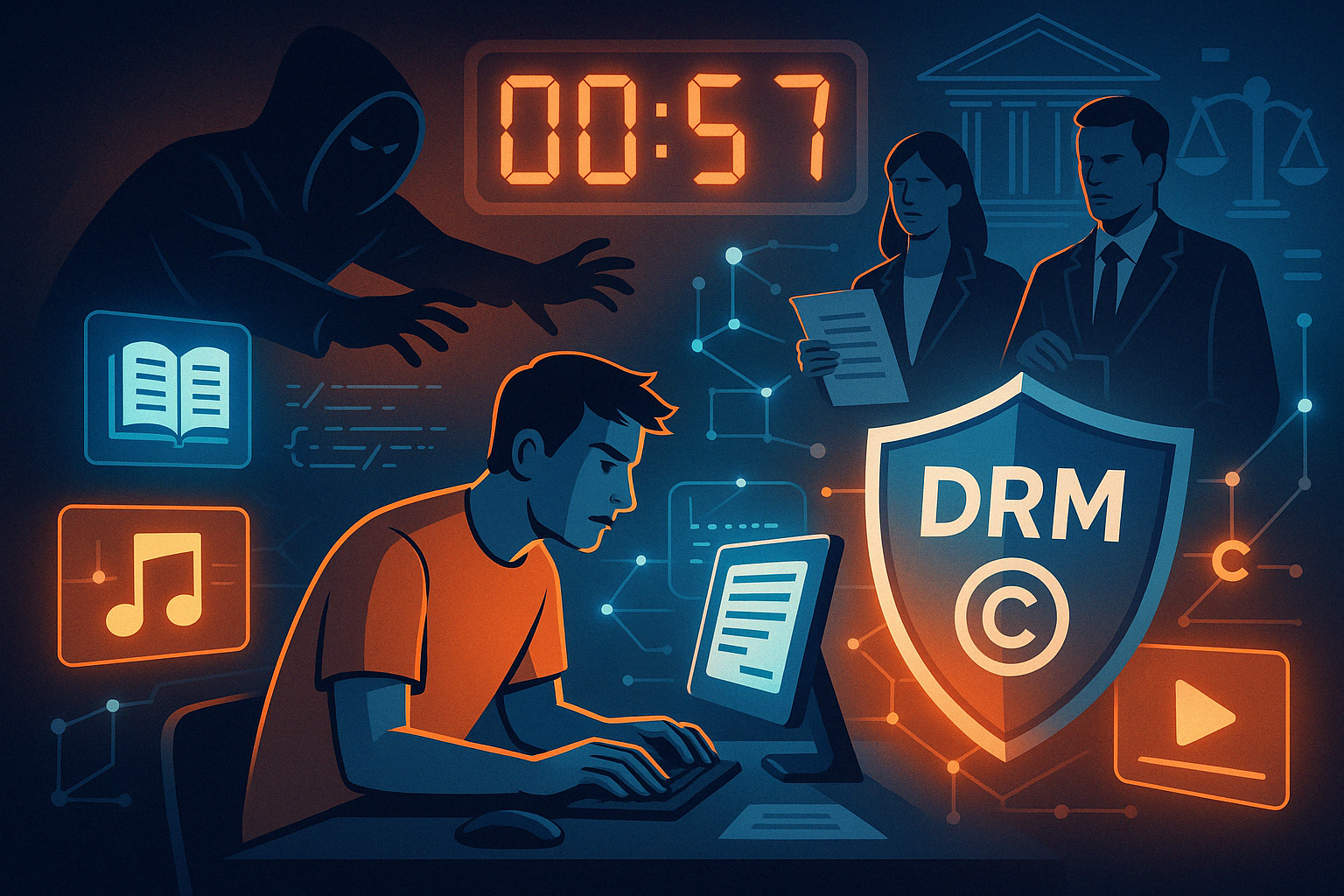 A digital content creator types at a computer, surrounded by icons representing music, video, books, and code. A dark hooded figure reaches ominously from the background, symbolizing copyright infringement. On the opposite side, two professional lawyers stand beside a glowing DRM shield, protecting the creator. A countdown clock overhead emphasizes the urgency of taking legal action in copyright disputes.