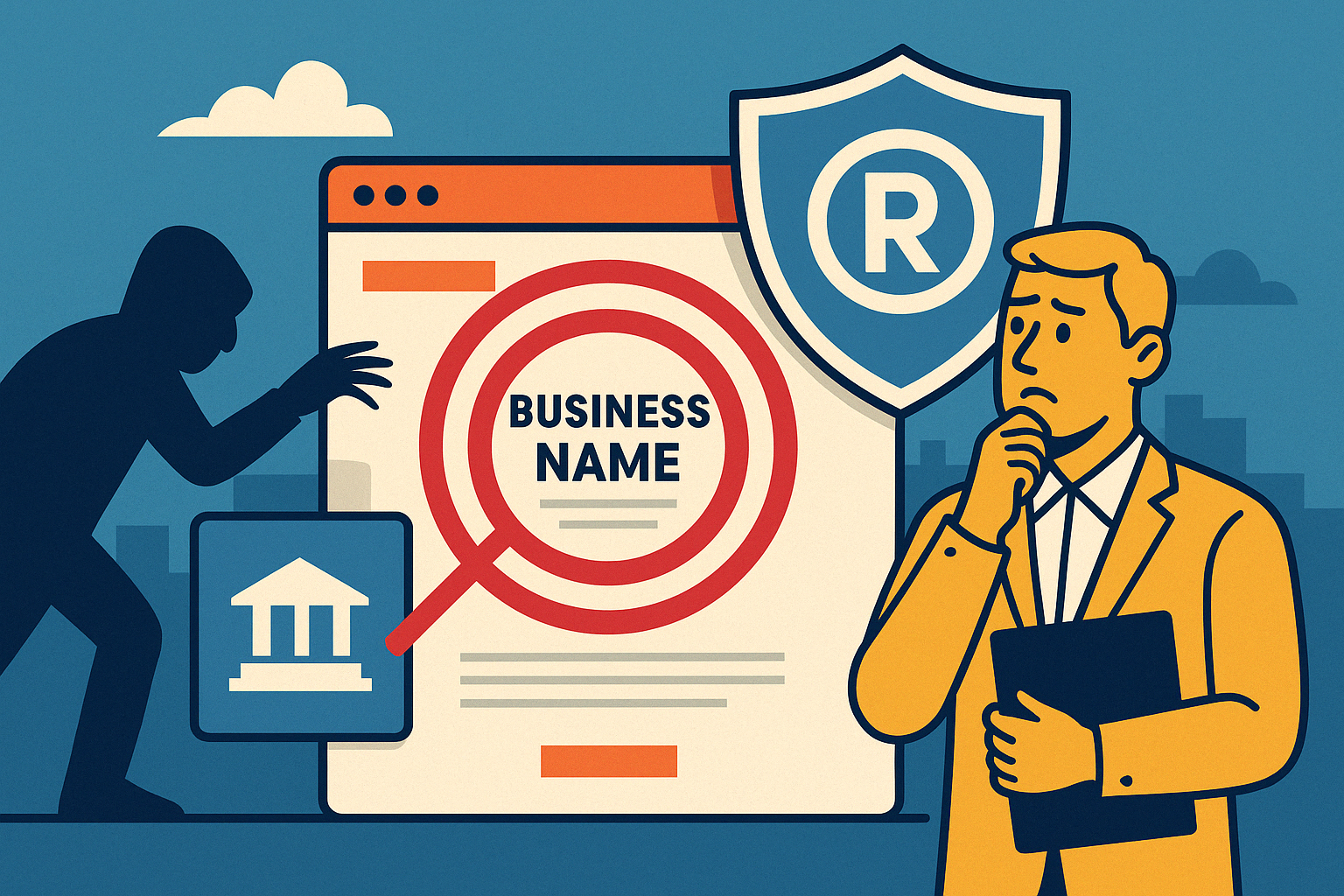 A concerned businessman in a yellow suit looks at a webpage with the words “Business Name” inside a red target. A shadowy figure on the left reaches toward the target, symbolizing brand theft. On the right, a trademark shield icon with the ® symbol represents legal protection, emphasizing the importance of trademark registration.