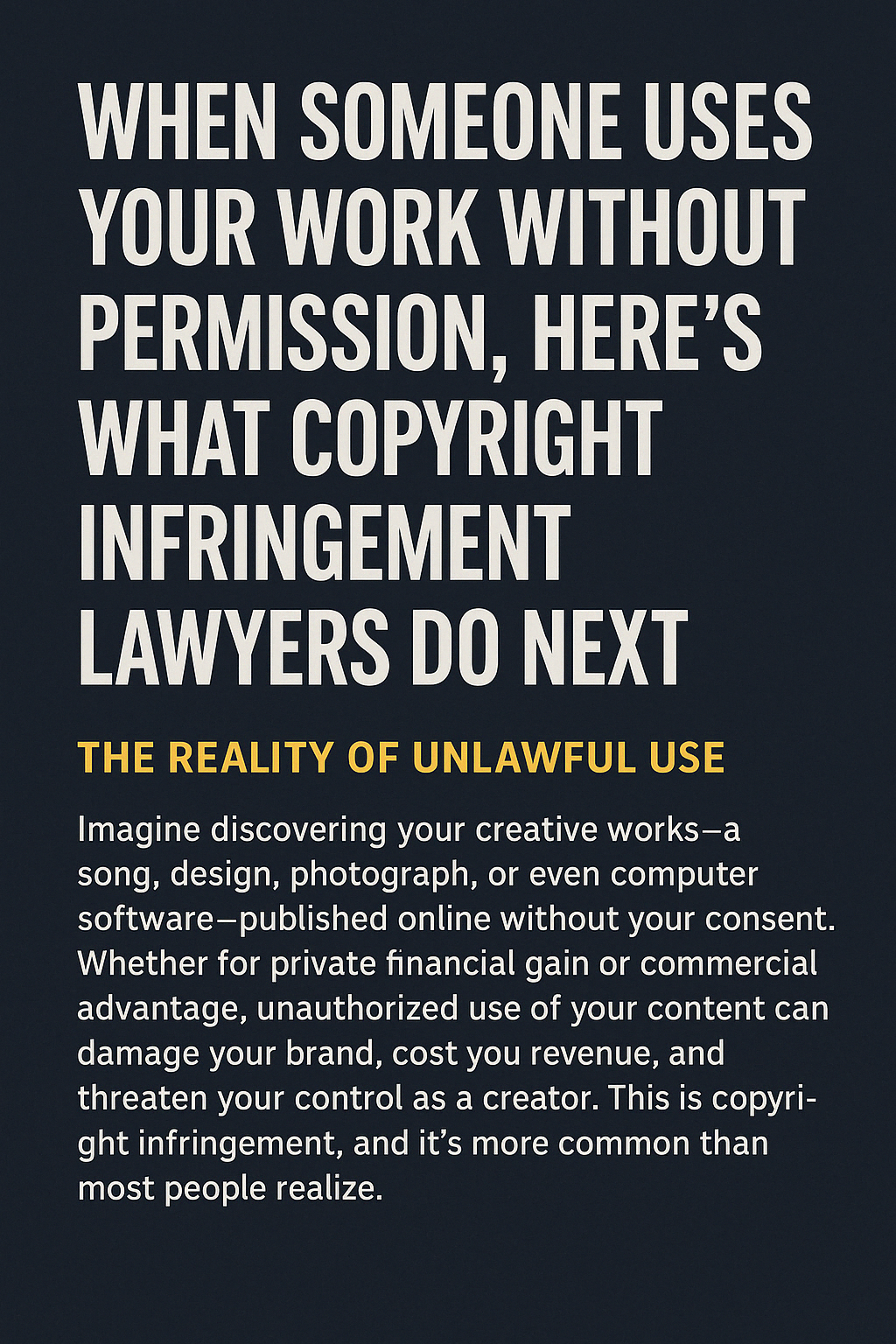 A bold digital graphic features large, white, uppercase text on a dark navy background that reads: