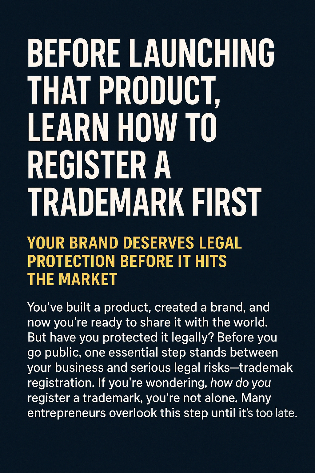 A digital graphic design with a dark navy background and bold, all-caps white text reads: