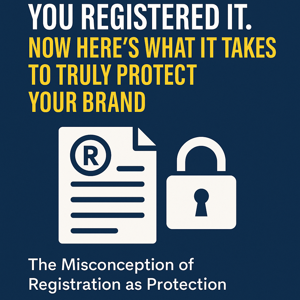 Digital graphic with a navy blue background featuring bold white text reading “You Registered It.” and bright yellow subheading “Now Here’s What It Takes to Truly Protect Your Brand.” Below are icons of a registered trademark document marked with an “R” and a padlock, symbolizing post-registration brand protection. The bottom line of text states “The Misconception of Registration as Protection,” emphasizing the need for ongoing monitoring and enforcement beyond trademark registration.