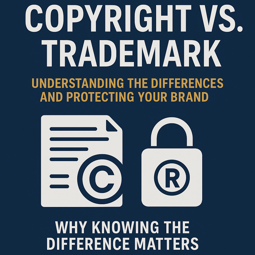 Digital graphic with a dark blue background featuring bold white text that reads “Copyright vs. Trademark.” A yellow subheading below states “Understanding the Differences and Protecting Your Brand.” Two icons are shown beneath: a document with a copyright symbol (©) and a padlock with a trademark symbol (®), symbolizing the contrast between creative work protection and brand identity enforcement. At the bottom, white text reads “Why Knowing the Difference Matters,” emphasizing the article’s focus on legal distinctions and brand security.