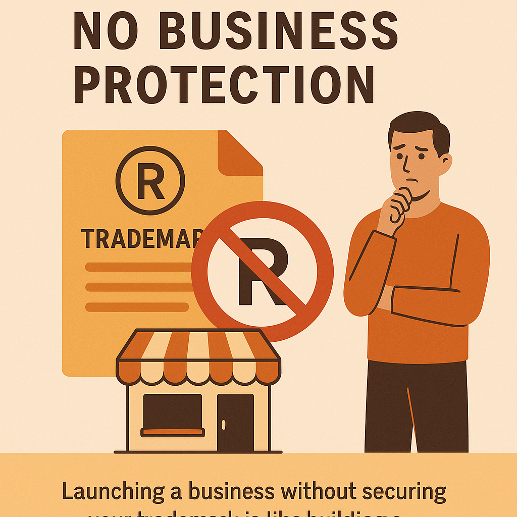 Infographic titled 'No Business Protection' illustrating the risks of not securing a trademark. It features a trademark document with an ® symbol, a red prohibition symbol overlaying the trademark icon, a storefront, and a worried man. The caption below reads, 'Launching a business without securing your trademark is like building a house with no front door.' The warm orange and beige tones reinforce the message about the importance of legal brand protection.