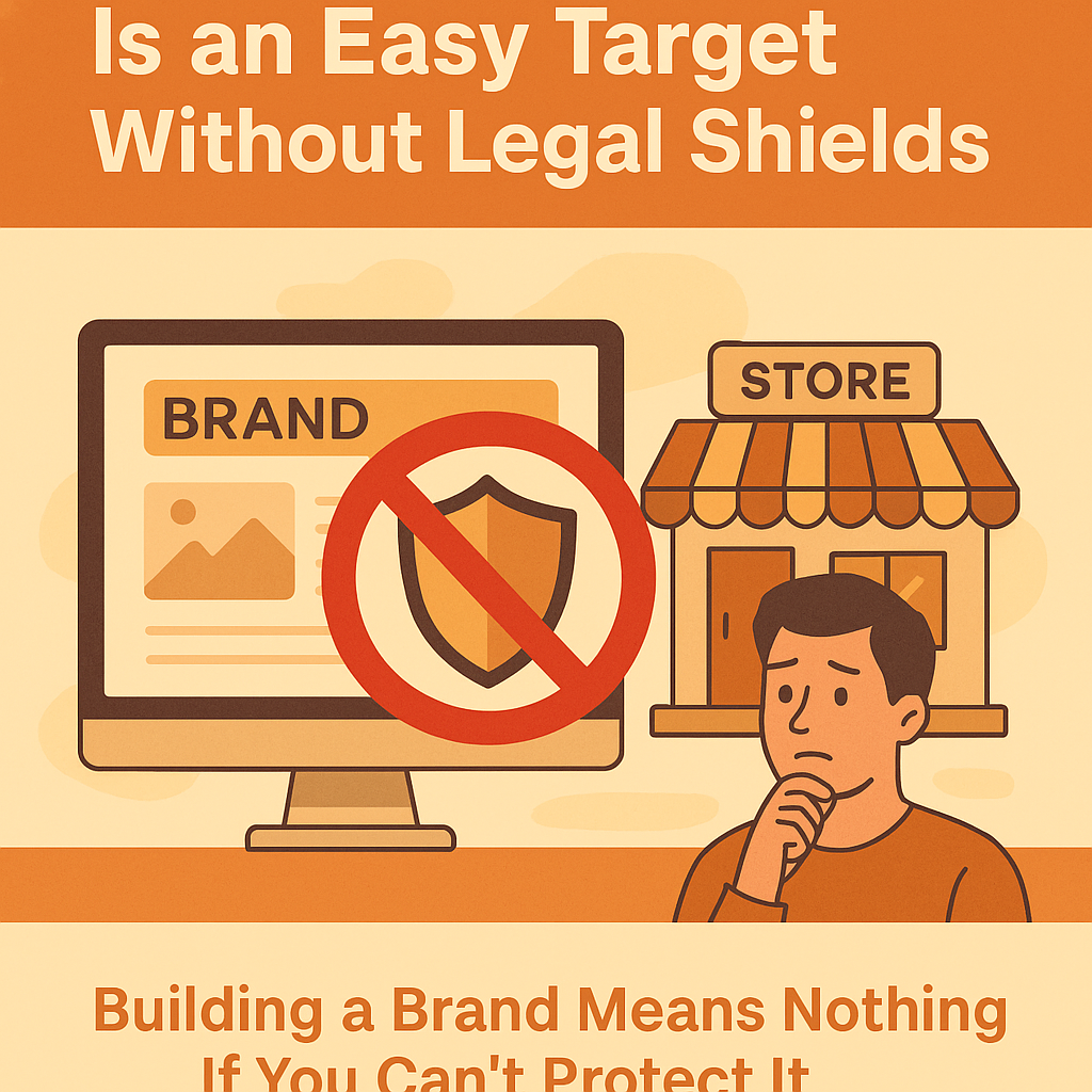 Infographic titled 'The Brand You Built Online Is an Easy Target Without Legal Shields.' It features a desktop computer screen displaying a website labeled 'BRAND' with a red prohibition symbol over a shield icon, symbolizing lack of protection. Beside it is a storefront labeled 'STORE' and a concerned man holding his chin. The lower caption reads, 'Building a Brand Means Nothing If You Can't Protect It.' The image uses warm orange and beige tones to emphasize the urgency of securing legal protection for online brands.