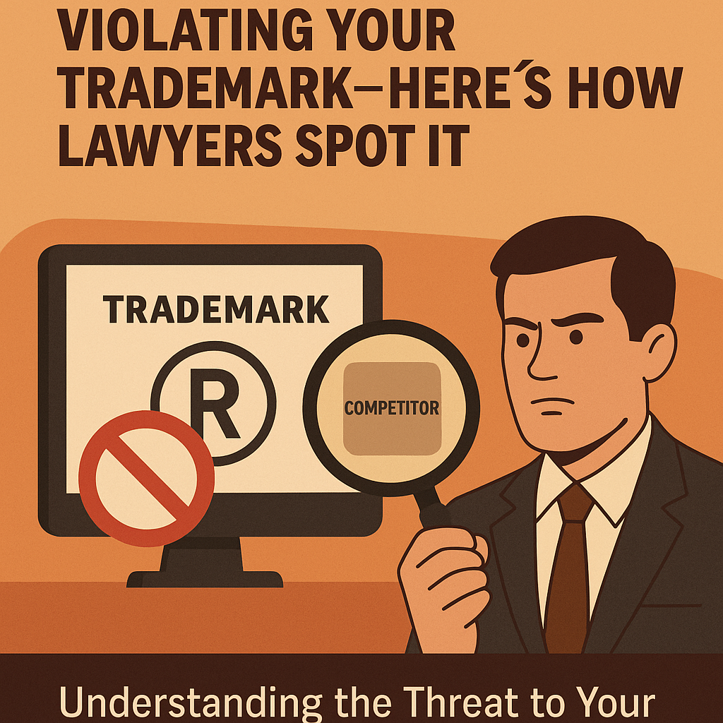 Infographic titled 'Violating Your Trademark—Here's How Lawyers Spot It.' It shows a lawyer in a suit examining a computer screen with a 'TRADEMARK' label, an ® symbol, and a competitor's logo highlighted under a magnifying glass. A red prohibition symbol overlays the trademark icon. The design uses warm orange and beige tones, emphasizing legal vigilance and the importance of trademark monitoring.