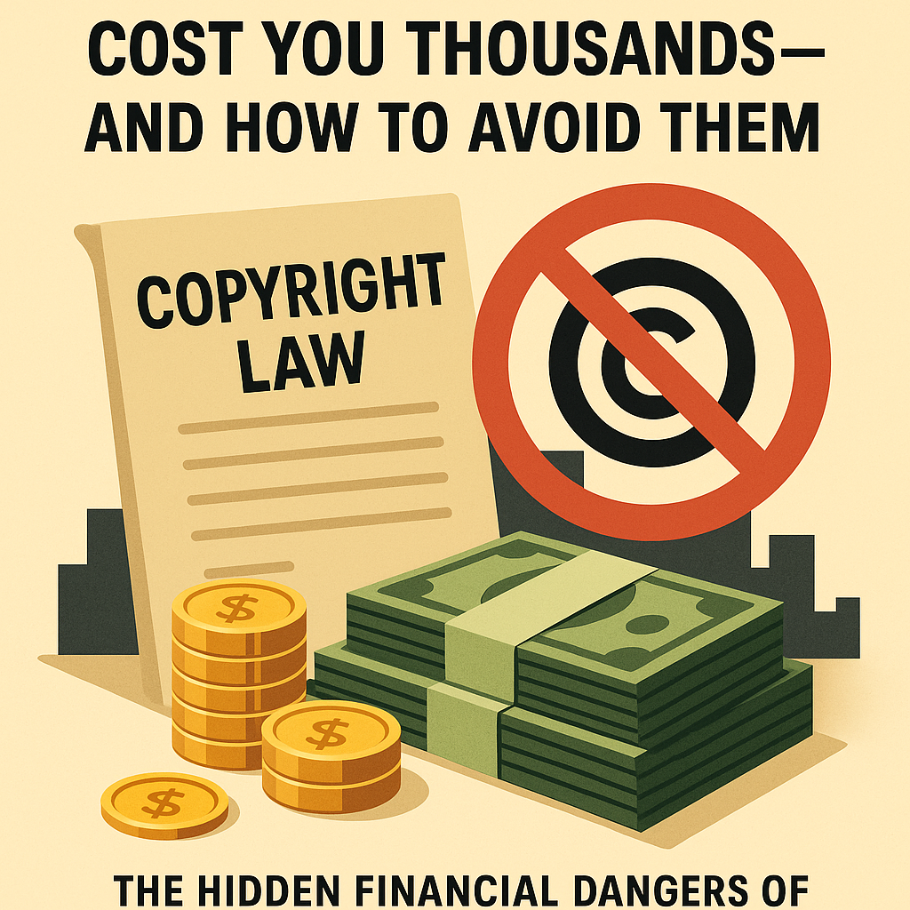 Infographic showing the financial risks of copyright mistakes. A document labeled 'COPYRIGHT LAW' is surrounded by stacks of dollar bills and gold coins. A large copyright symbol is crossed out with a red prohibition sign, symbolizing legal dangers. The top reads 'Cost You Thousands—And How to Avoid Them,' and the bottom says 'The Hidden Financial Dangers of Copyright Mistakes