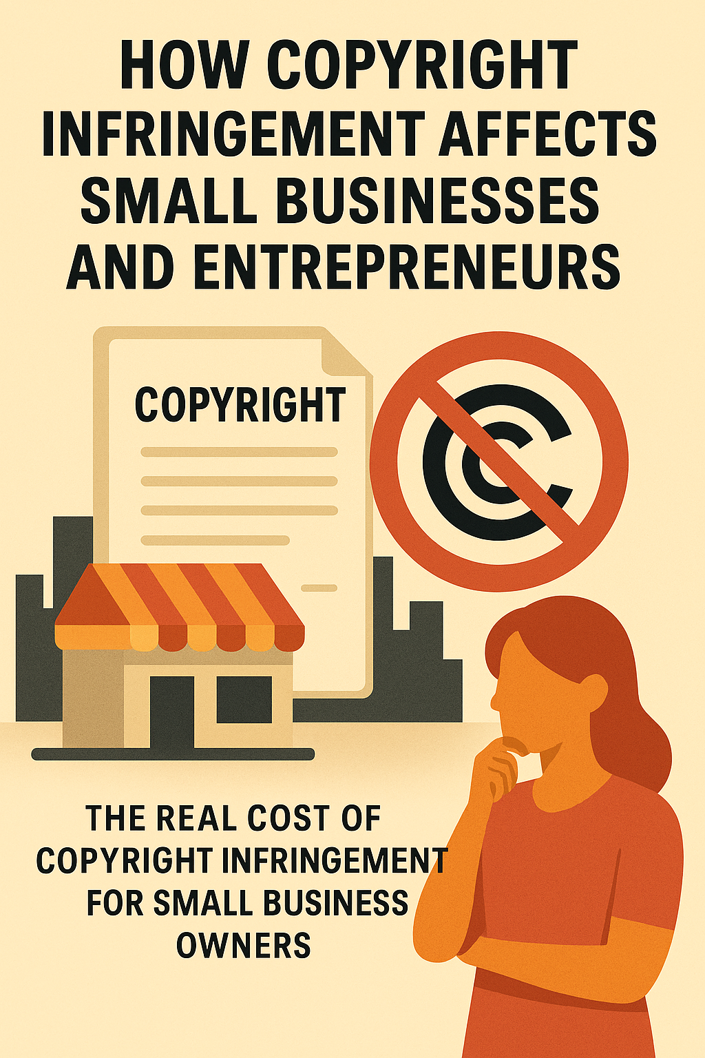Infographic titled 'How Copyright Infringement Affects Small Businesses and Entrepreneurs.' It features a document labeled 'COPYRIGHT,' a red prohibition symbol over a copyright icon, a small storefront representing a local business, and a woman with a concerned expression. The visual emphasizes the real cost of copyright infringement for small business owners, using warm beige and orange tones to convey urgency and seriousness.
