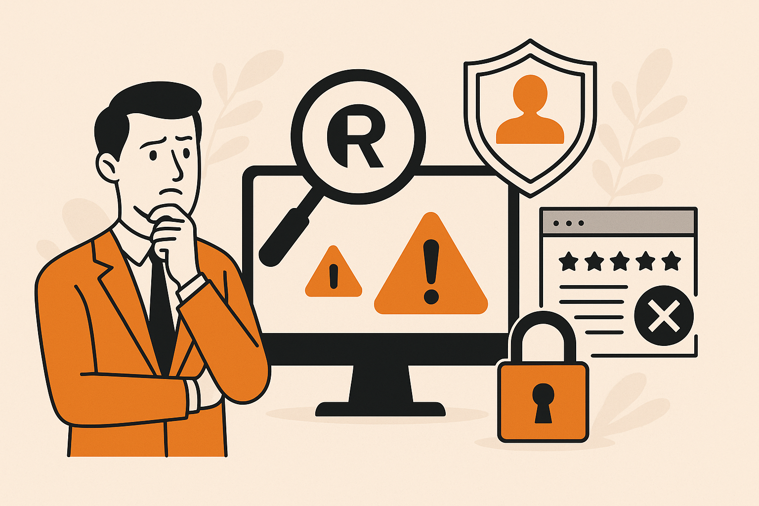 A flat-style digital illustration featuring a thoughtful businessman in an orange suit contemplating trademark monitoring. Surrounding him are icons symbolizing brand protection: a desktop monitor displaying warning triangles, a magnifying glass over a trademark symbol (®), a shield with a user silhouette, a padlock, and a web page with a crossed-out review. The beige background includes abstract leaf shapes, reinforcing the theme of proactive trademark monitoring and online brand security.