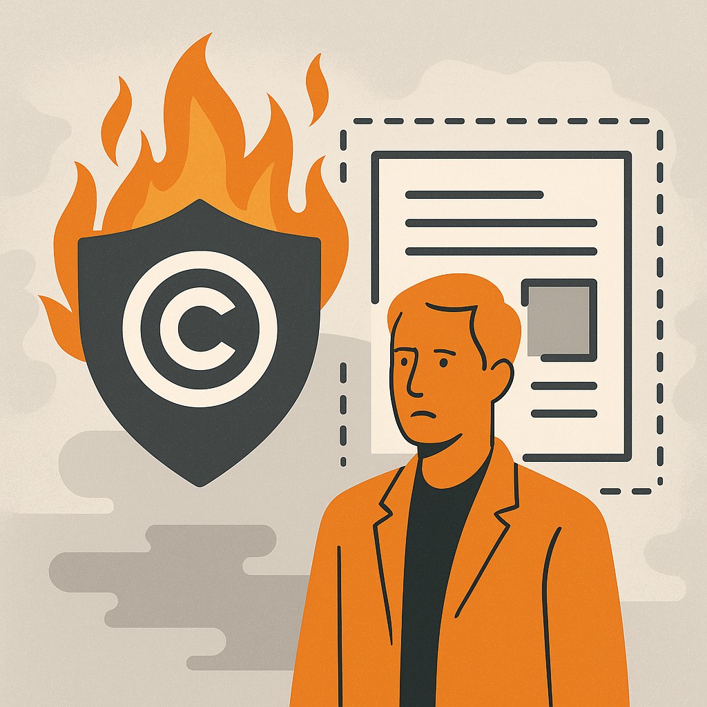 A 2D digital illustration showing a worried businessman in an orange suit standing beside a shield with a copyright symbol engulfed in flames. Behind him is a document outlined with dashed lines, symbolizing vulnerability. The background features abstract gray shapes, highlighting the theme of digital copyright risks and lack of protection.
