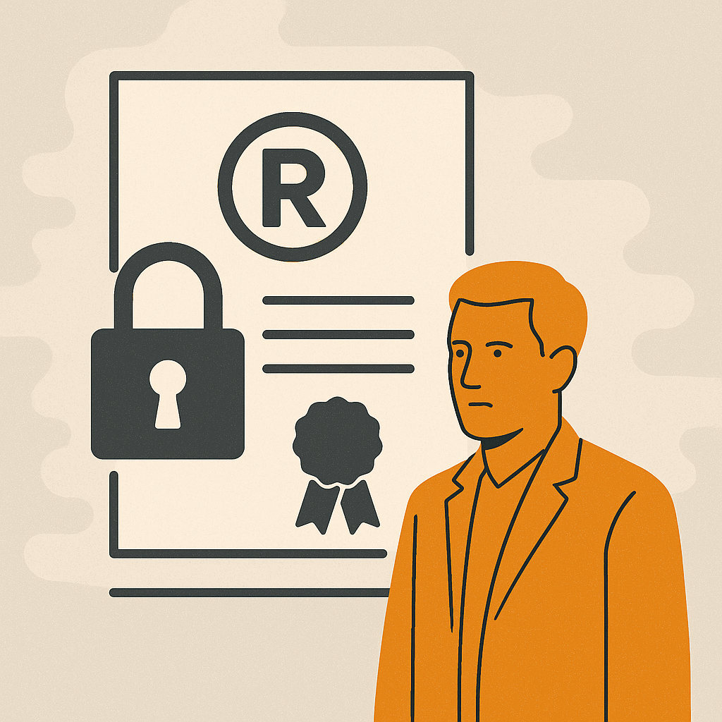 A flat-style digital illustration in shades of orange, black, and gray depicting trademark protection. The image features an orange businessman standing beside a certificate with a registered trademark symbol (®), a ribbon seal, and a large padlock icon, symbolizing legal security and exclusive rights. The background consists of soft abstract shapes, reinforcing the theme of brand safeguarding through trademark registration.