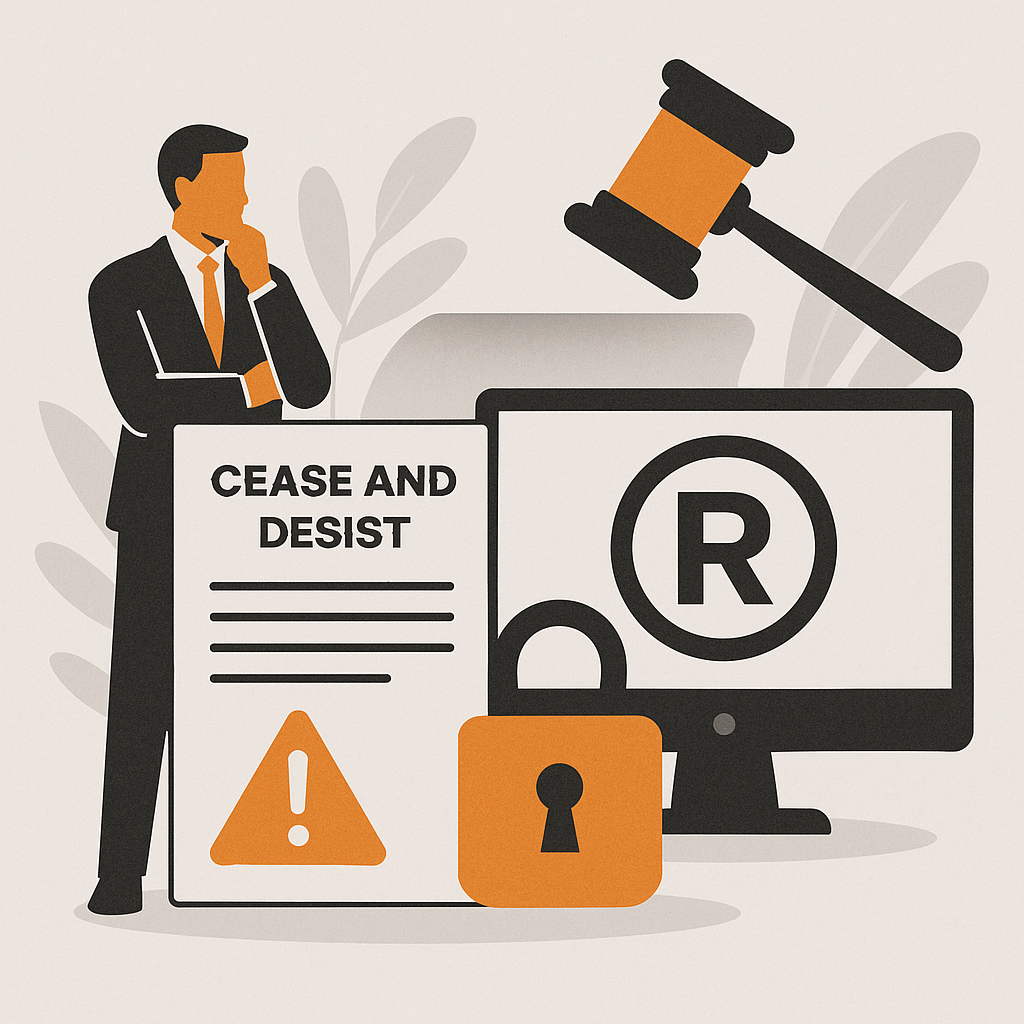 A flat-style digital illustration using orange, black, and gray tones to represent online brand protection and trademark enforcement. The scene features a businessman in a suit thoughtfully examining a large “Cease and Desist” letter with a warning symbol. Beside him, a computer monitor displays the registered trademark symbol (®), while a padlock and a judge’s gavel emphasize legal authority and content security. Stylized leaf shapes in the background add a modern, professional touch.
