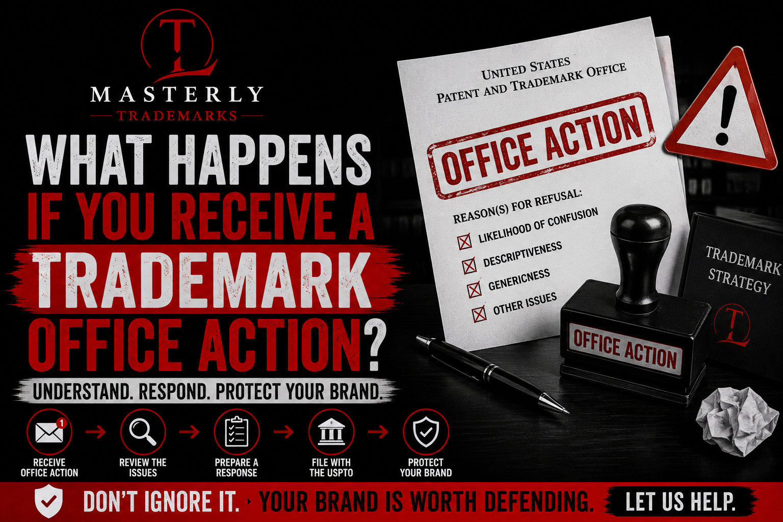 Trademark office action attorney reviewing USPTO documents