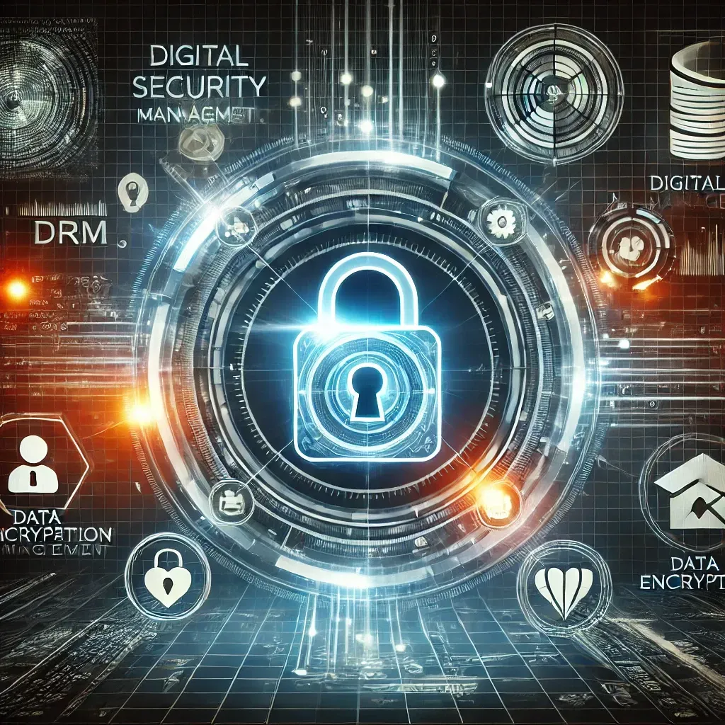 A futuristic digital security concept illustration featuring a glowing digital lock encircled by encrypted data streams and cybersecurity icons. The background showcases a high-tech interface with data encryption visuals and access control elements, symbolizing DRM protection for businesses.