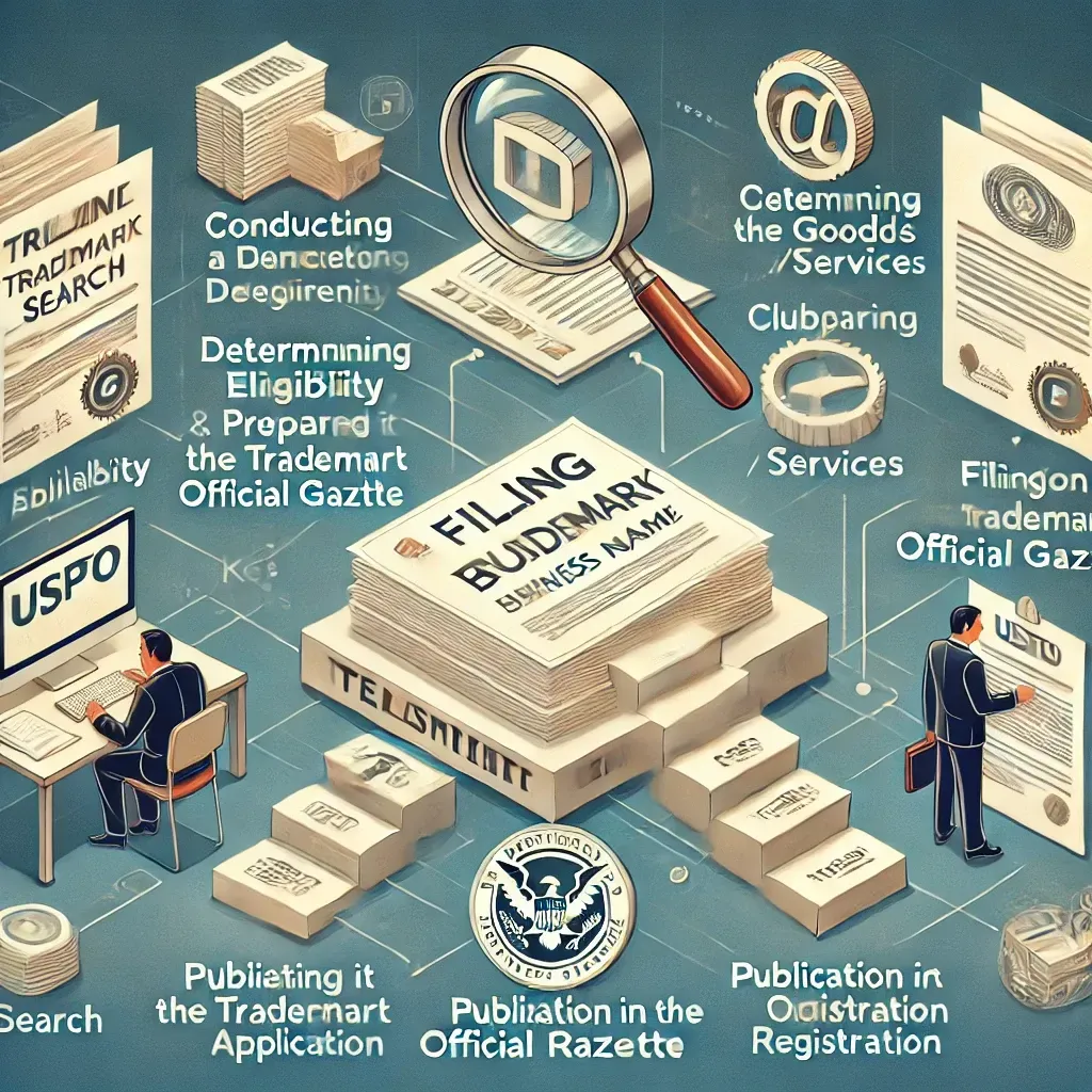An informative business illustration displaying a structured flowchart outlining the step-by-step trademark registration process. Key steps include conducting a trademark search, determining eligibility, classifying goods/services, preparing the application, filing with the USPTO, monitoring status, publication in the Trademark Official Gazette, and final registration. The background features legal documents, a magnifying glass over a trademark database, and a USPTO seal, symbolizing official registration.