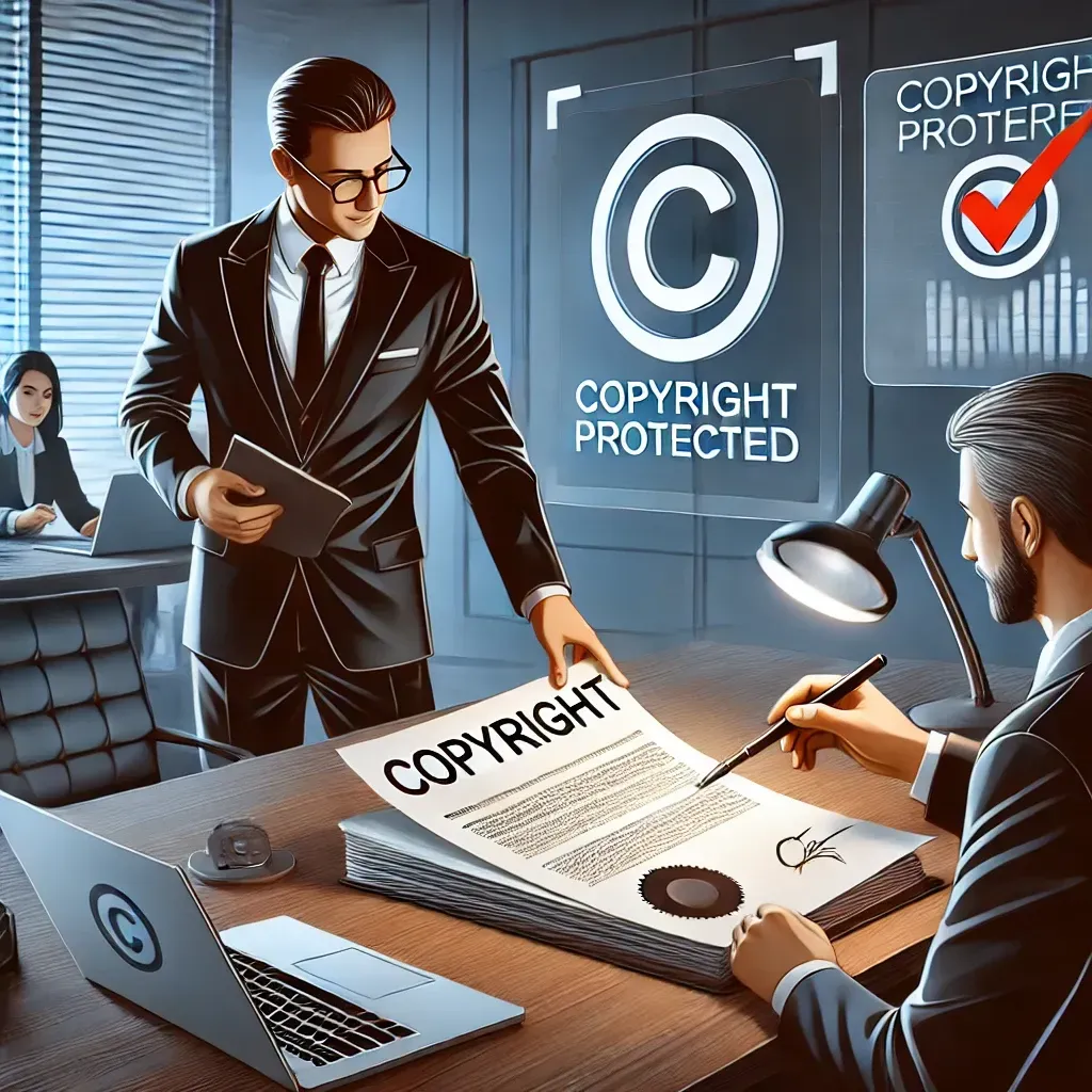 A business owner in a modern office reviews copyright documents with a lawyer. The lawyer uses a magnifying glass to highlight a copyright symbol (©) on the document. A laptop on the desk displays a digital copyright registration form. In the background, a digital screen shows 'Copyright Protected' with a checkmark, symbolizing intellectual property security. The setting is sleek and professional, featuring a neutral color scheme and contemporary office design.