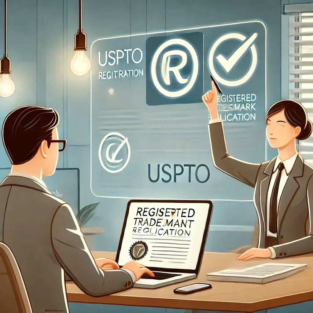 A business owner files a trademark application in a modern office using a laptop displaying the USPTO trademark registration page. A lawyer beside them points to a document with a registered trademark symbol (®). In the background, a digital screen shows a secured brand name with a checkmark, symbolizing legal protection. The office setting is professional, featuring neutral tones and a contemporary design.
