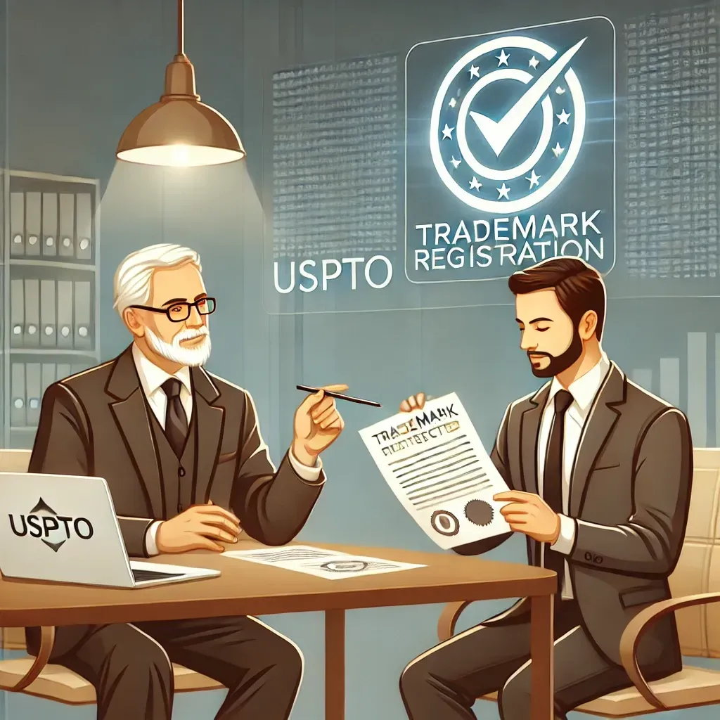 A business owner consults with a trademark attorney in a modern office. The attorney points to a legal document while the entrepreneur looks engaged. A laptop screen displays the USPTO trademark registration portal. In the background, a digital screen shows a 'Trademark Protected' symbol with a checkmark, emphasizing legal security. The office setting is professional, featuring neutral tones and contemporary furnishings.