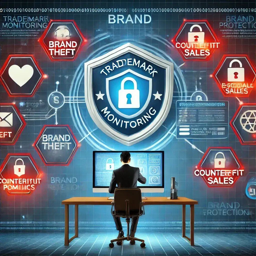 A digital illustration of a business professional using trademark monitoring software on a large screen displaying alerts for