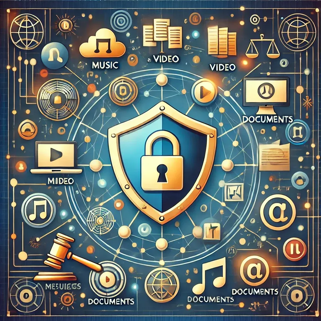 An illustration of copyright protection featuring a digital shield with a lock icon, surrounded by icons representing music, video, documents, and images. A gavel symbolizes legal enforcement, and a background of interconnected lines represents the digital landscape. The color scheme is blue and gold, signifying trust and authority.