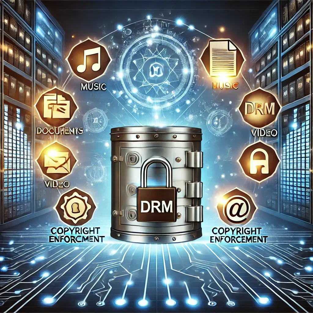 An illustration of digital content protection featuring a secure digital vault with glowing icons representing documents, music, video, and images. A padlock and shield icon symbolize security, while a legal document with a copyright symbol represents copyright enforcement. The background includes interconnected digital lines and a holographic interface displaying DRM protection in action, with blue and gold tones conveying trust and authority.