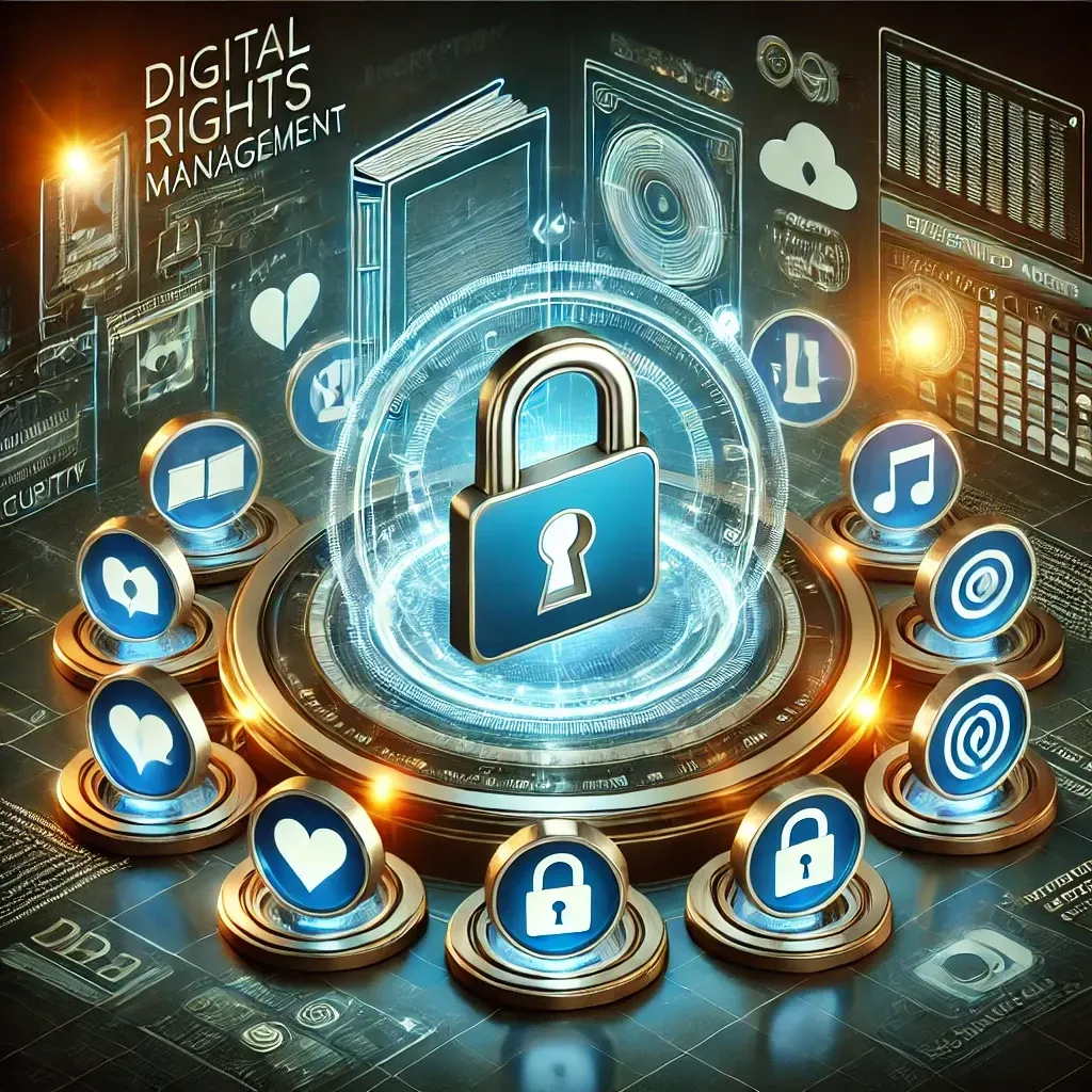 An illustration of digital rights management (DRM) software featuring a secure digital interface with encryption, access permissions, and copyright protection settings. A glowing shield with a lock icon represents content security, while holographic screens display restricted access notifications. The background includes symbols of digital assets such as e-books, videos, and music files, interconnected through a secure network, with a blue and gold color scheme symbolizing trust and authority in digital content protection.