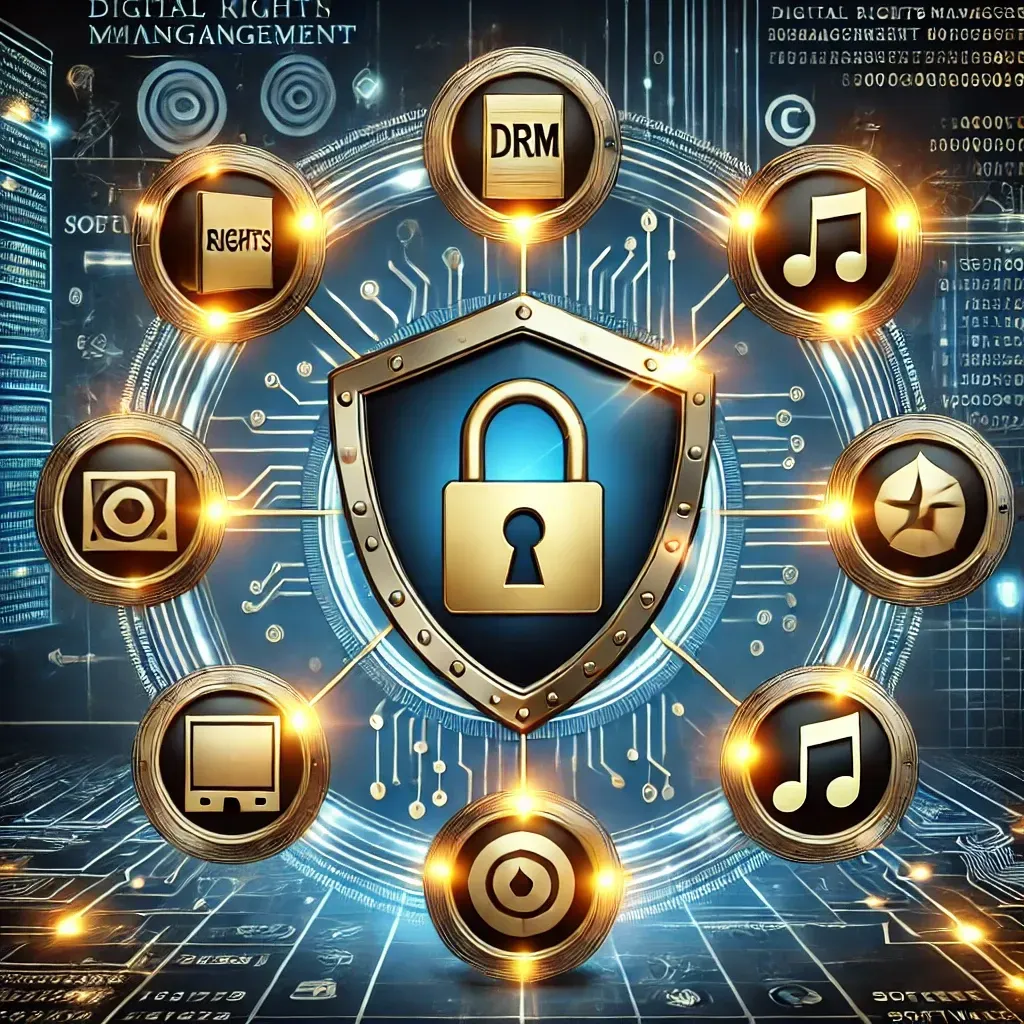 An illustration showcasing digital rights management (DRM) software with a glowing digital shield and lock symbol at the center, representing security. Surrounding the shield are icons of e-books, films, music, and software, connected through encrypted lines to depict content protection. A copyright symbol is prominently displayed on one of the icons, reinforcing copyright enforcement. The background features a futuristic digital network with secure data connections, using a blue and gold color scheme to convey trust and authority in DRM solutions.