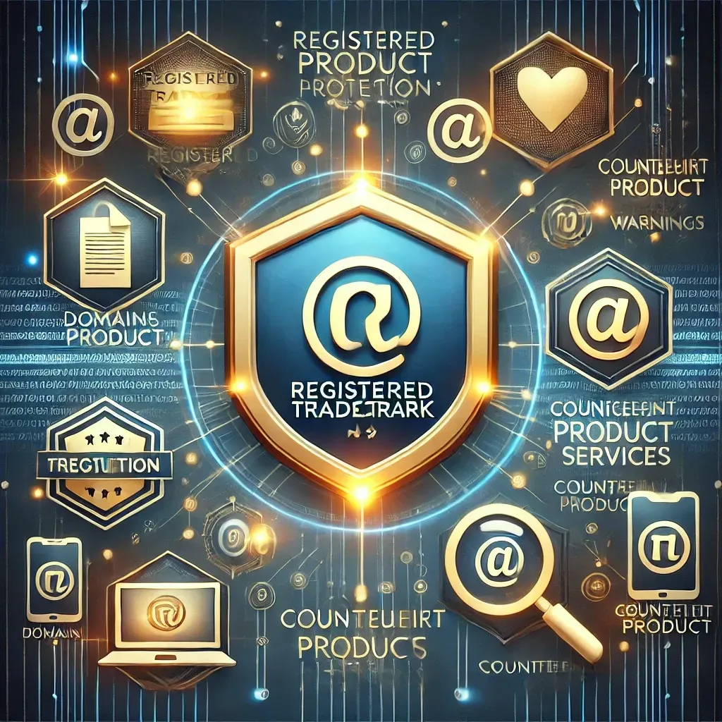 An illustration of trademark protection featuring a secure shield with a registered trademark (®) symbol at the center, representing brand security. Surrounding the shield are digital elements such as domain names, mobile apps, and counterfeit product warnings, symbolizing potential threats. A magnifying glass hovers over a legal document, representing trademark monitoring services detecting infringements. The background includes interconnected digital lines, highlighting the global nature of trademark protection, with a blue and gold color scheme signifying trust and legal authority.