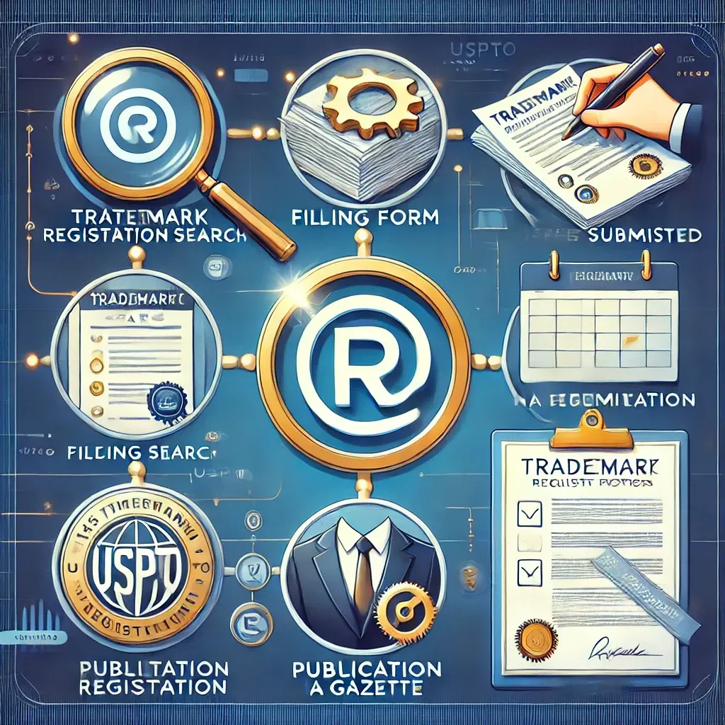 An illustration of the trademark registration process, featuring a step-by-step visual representation. A magnifying glass hovers over a document symbolizing a trademark search, a filing form is being submitted, a checklist represents the USPTO examination, a legal publication in a gazette is shown, and a certificate with a trademark (®) symbol represents successful registration. The background includes a digital clock and calendar to emphasize the time duration, with a blue and gold color scheme signifying trust and authority.