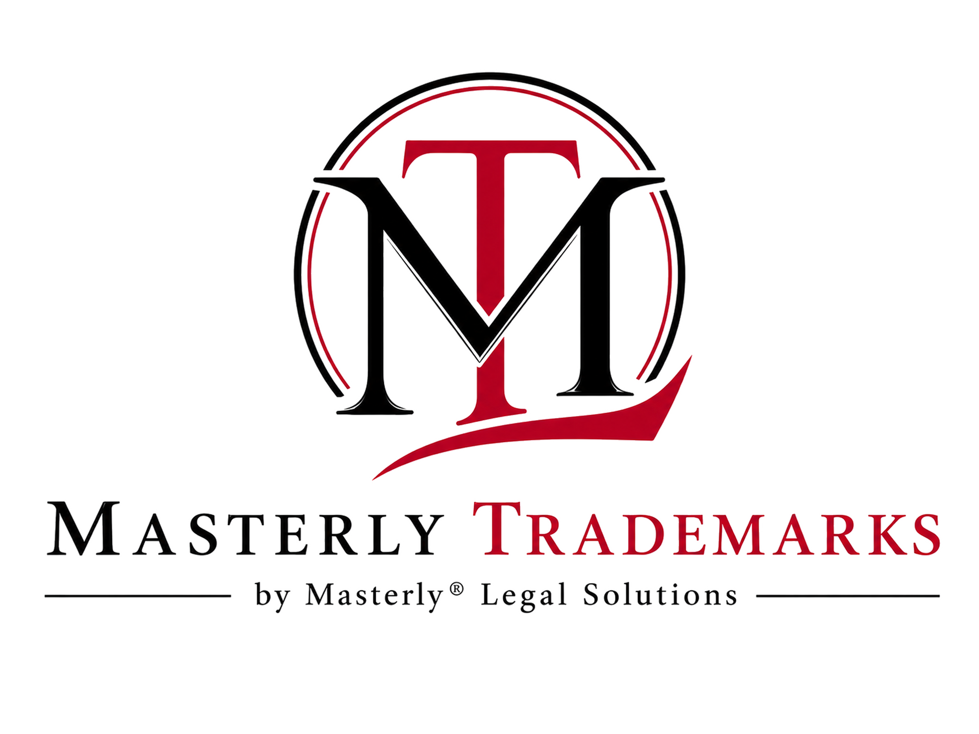 Masterly Trademarks logo with stylized black and red “MT” emblem and text below