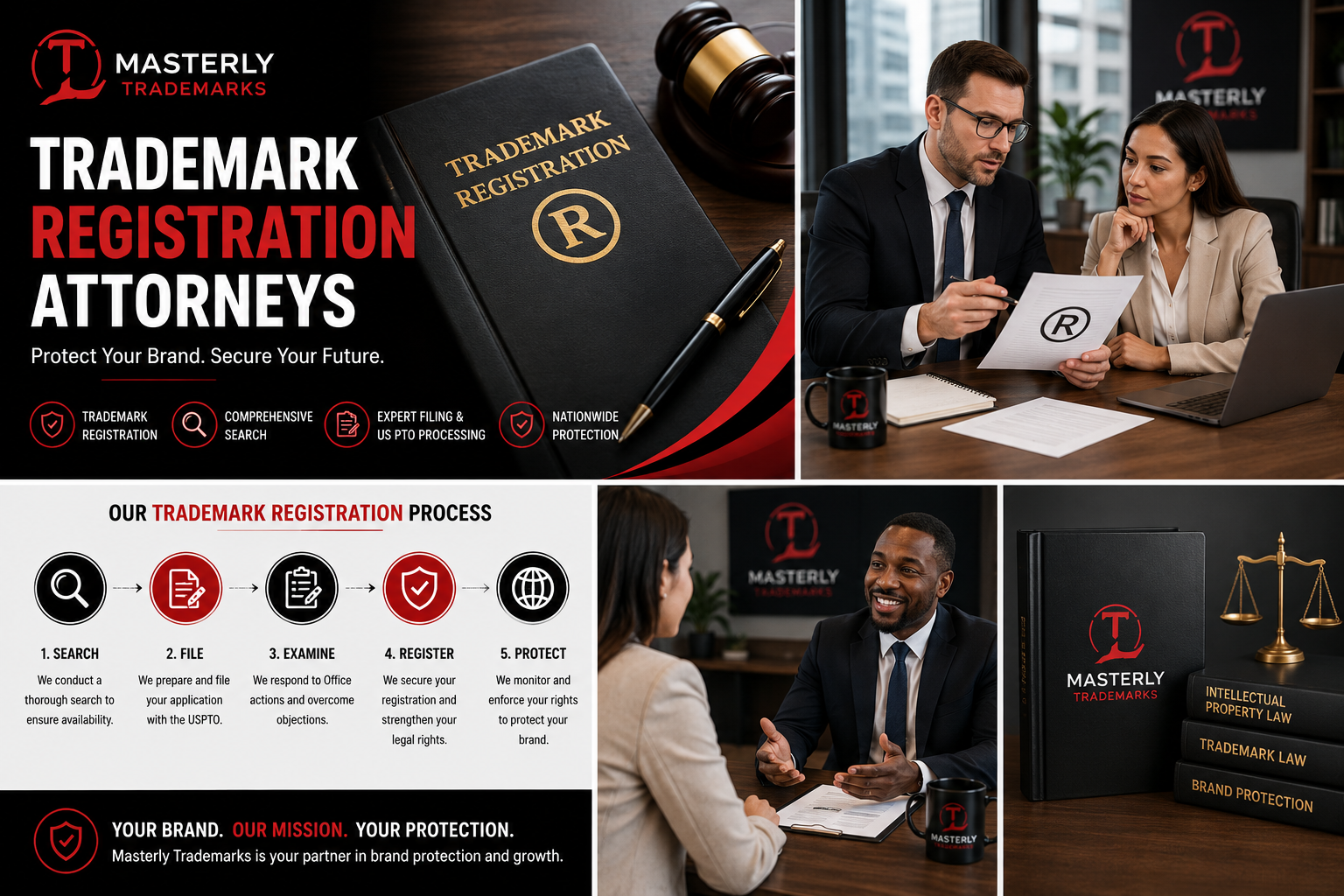 Trademark registration attorney meeting with a client.