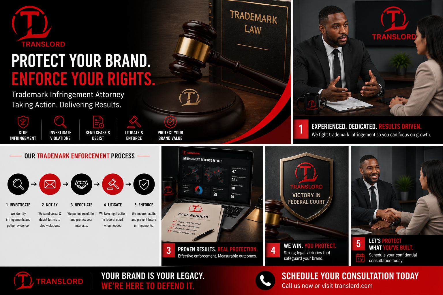 Trademark infringement attorney consulting with a business owner.